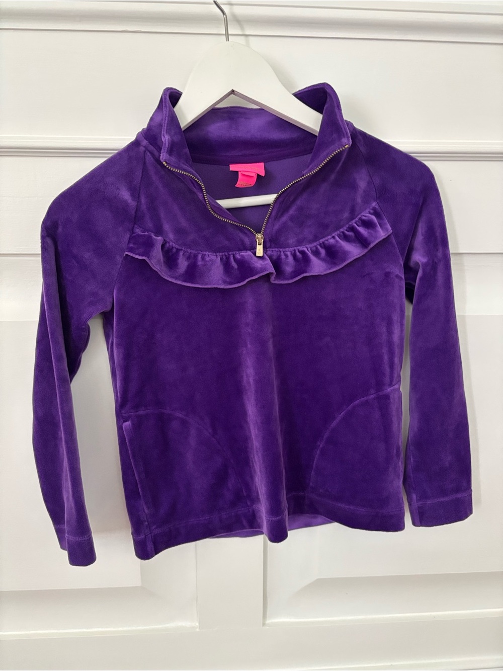 Lilly Pulitzer Girls Purple Velour Half-Zip Ruffle Pullover